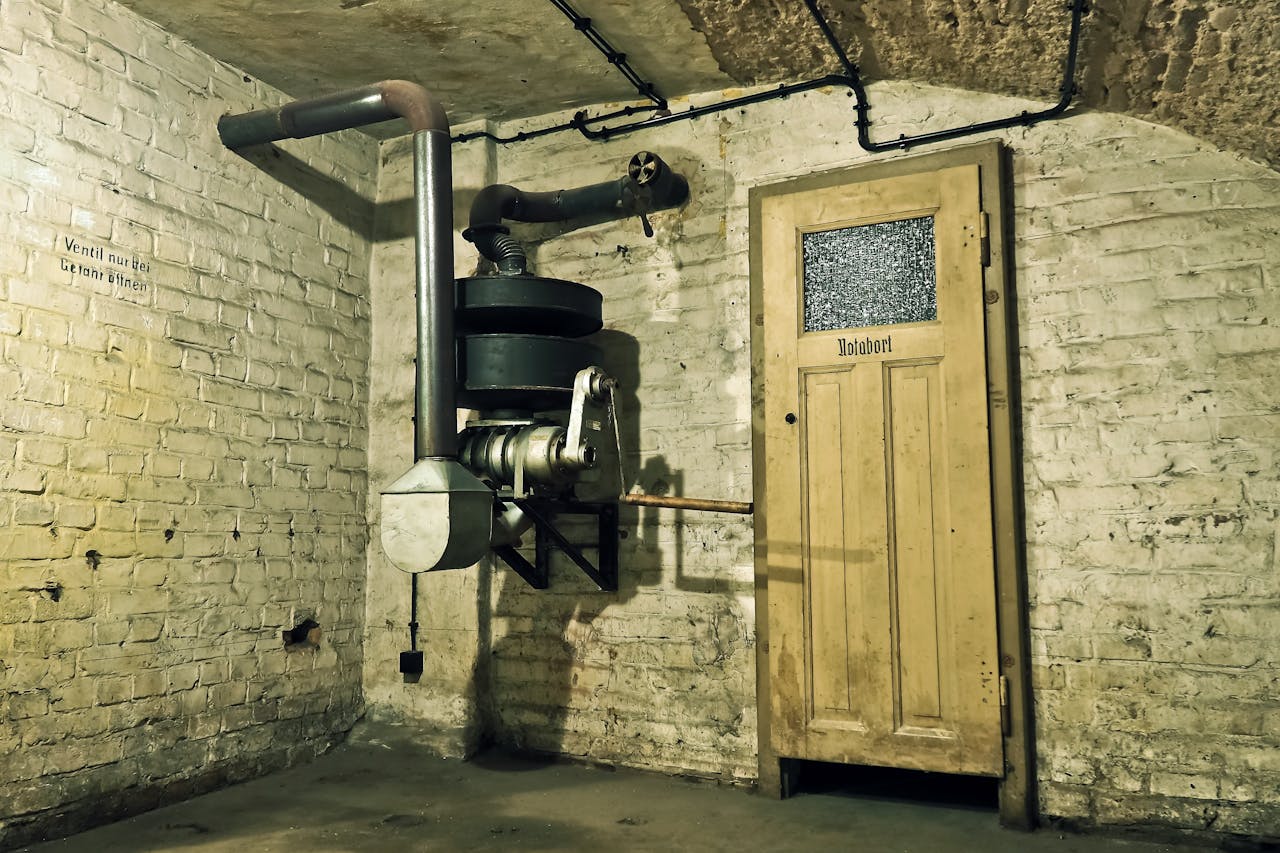 Explore an abandoned underground air raid shelter with vintage machinery and a wooden door.