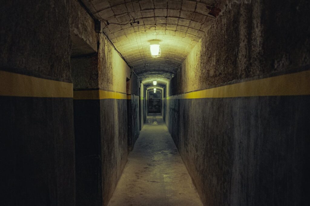 A dimly lit underground tunnel in Girona with symmetrical lines and moody ambiance.